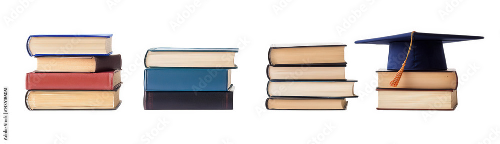Poster series of stacked books in various colors. with the last stack topped by a graduation cap. symbolizi