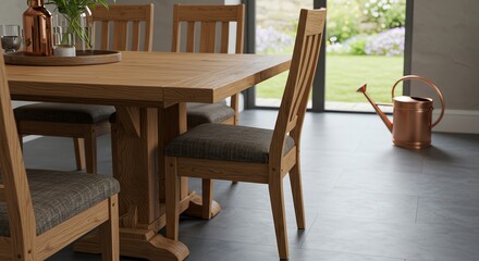 Obraz premium Dining Table with Chairs in Room with Garden View
