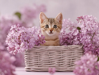 Sweet Whispers: A charming kitten nestled amidst a delicate bed of lilac blooms, conveying peace and purity, with a captivating gaze that melts hearts.