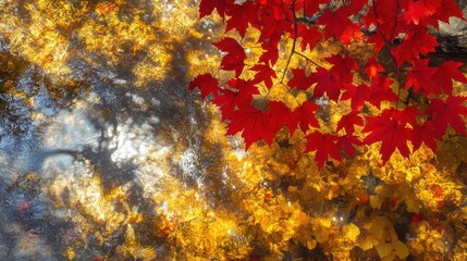 Surreal professional photo of a brilliant red maple in an autumn forest, shimmering stream below, sunbeams piercing through golden leaves.