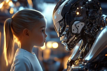 Fototapeta premium Young caucasian girl confronts futuristic robot in thoughtful stare