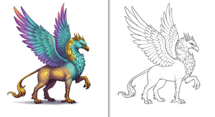 Obraz premium Mythical Griffin Illustration: A majestic griffin, part eagle and part lion, rendered in vibrant colors, stands proudly. A companion line drawing offers a classic look.