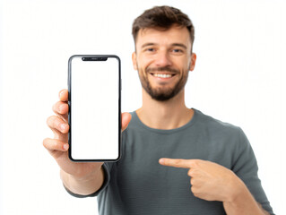 Man holding cellphone: A smiling man presents a blank cellphone screen, inviting viewers to engage with a modern device's technology.