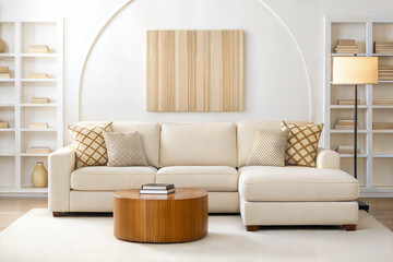 Minimalist living room with neutral sofa, geometric pillows, and contemporary artwork