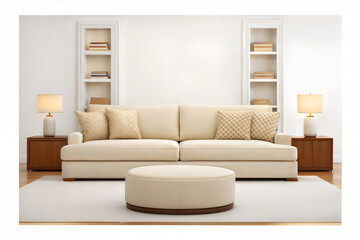 Minimalist living room with neutral sofa, geometric pillows, and contemporary artwork