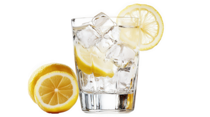 a refreshing glass filled with ice cubes and lemon slices sits next to a halved lemon. evoking a sense of coolness and thirst-quenching enjoyment the bright colors and clear glass highlight the drink'