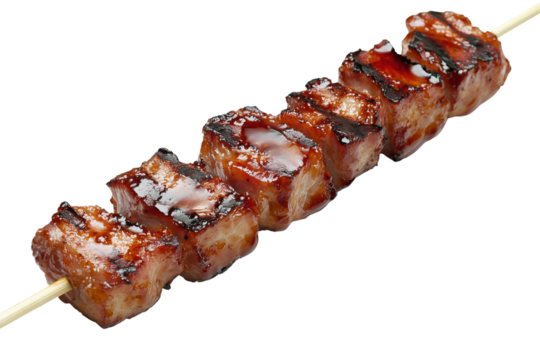 Delicious and juicy pieces of pork, skewered on bamboo sticks, grilled or barbecued. Isolated object with transparent background