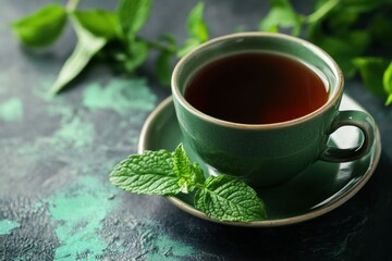 Green ceramic cup with herbal tea and fresh mint leaves on rustic green surface