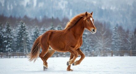 Horse Running in Snow Winter Scene Outdoor
