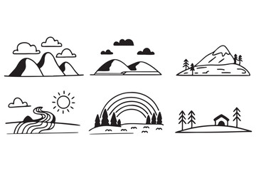 Minimalist Landscape Sketches, Hand-Drawn Nature Art, Black and White Scenic Illustrations