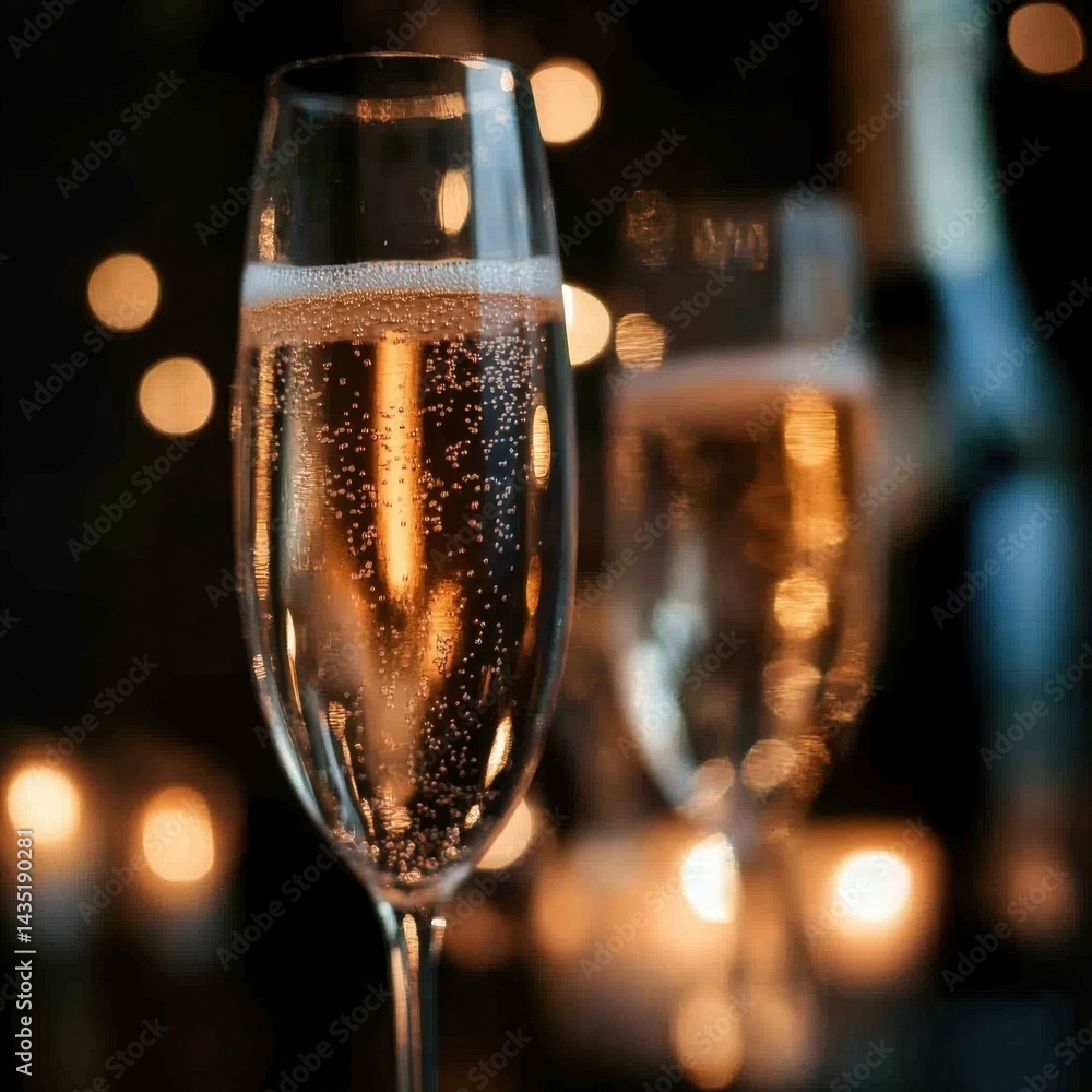Poster elegant champagne flute filled with sparkling wine against a backdrop of warm bokeh lights creating 