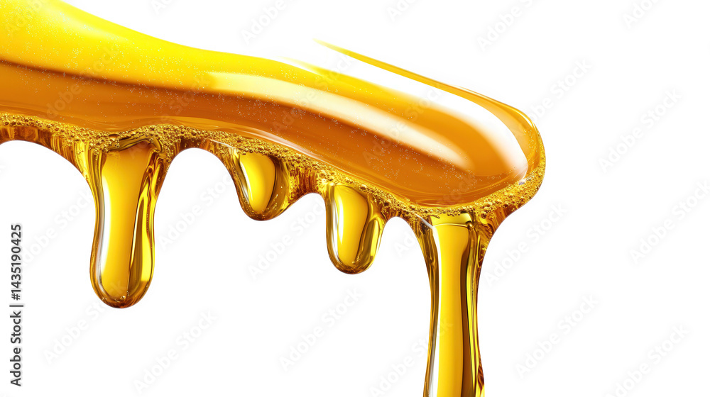 Poster a smooth. golden syrup or honey dripping from a surface. highlighting its glossy texture and rich co