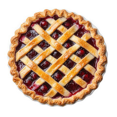 freshly baked cherry pie with a golden-brown lattice crust. showcasing a delicious filling peeking through the woven top the pie is presented on a round metal pie dish. emphasizing its homemade appeal
