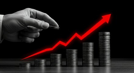 fingers stacking shiny metallic coins with a sharp red growth arrow floating above them with monochrome color