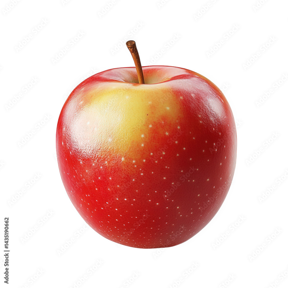 Poster vibrant red and yellow apple with a smooth surface and a short brown stem. set against a plain white