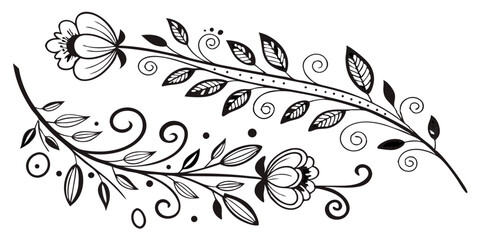 Fototapeta premium A black and white drawing of a flower and leaf design.