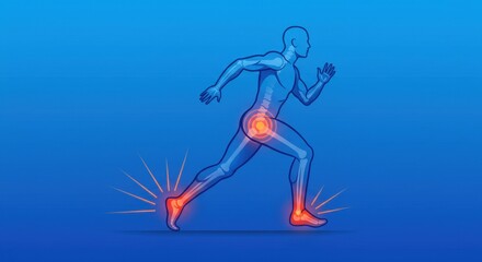 Obraz premium Anatomical running man with joint pain, glowing red spots on hip and ankle joints, medical illustration of sports injury on blue background