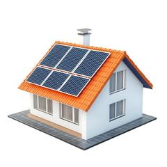 a small. modern house with a sloped orange roof and solar panels installed on top the house features large windows and a chimney. set on a gray tiled base. emphasizing a sustainable and eco-friendly d