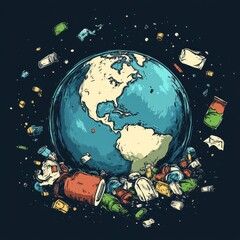 Naklejka premium Polluted Planet: An Illustration of Earth Surrounded by Waste, Highlighting Environmental Concerns and the Urgent Need for Global Responsibility