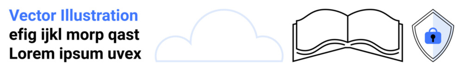 Cloud representing data storage, an open book symbolizing digital resources, and a shield with a lock for security. Ideal for technology, storage, education, security, reading, cloud computing flat