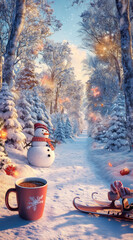 Fototapeta premium 3D cartoon winter wonderland scene with snow-covered trees magical festive beauty perfect for holiday adventures and cozy winter themes