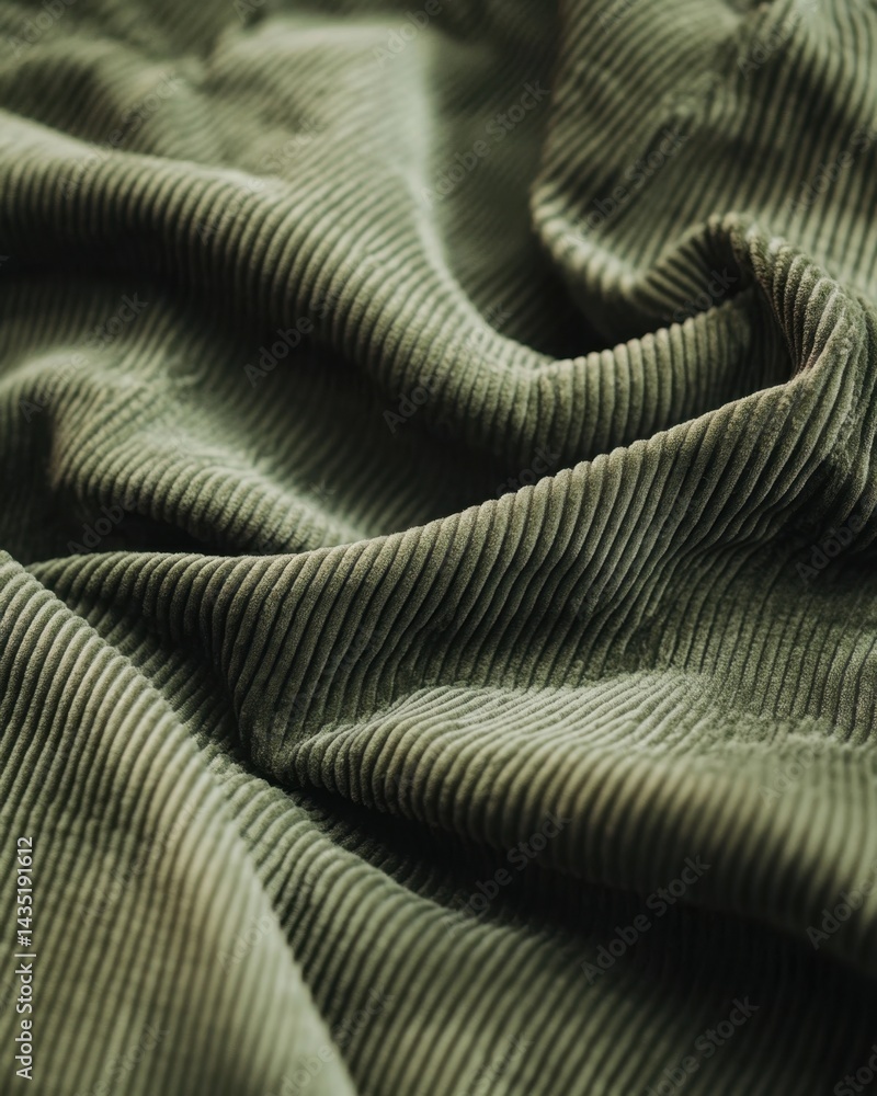 Poster olive green corduroy fabric texture with soft folds and gentle shadows creating a cozy and inviting 