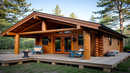 Rustic log cabin with outdoor deck