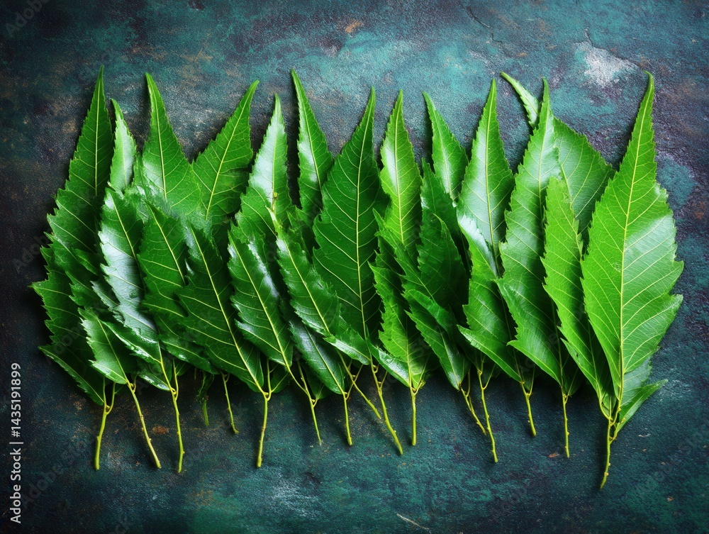 Poster fresh green neem leaves arranged on a dark textured surface creating a natural and vibrant botanical
