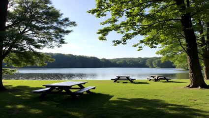 Serene lakeside park featuring picnic areas
