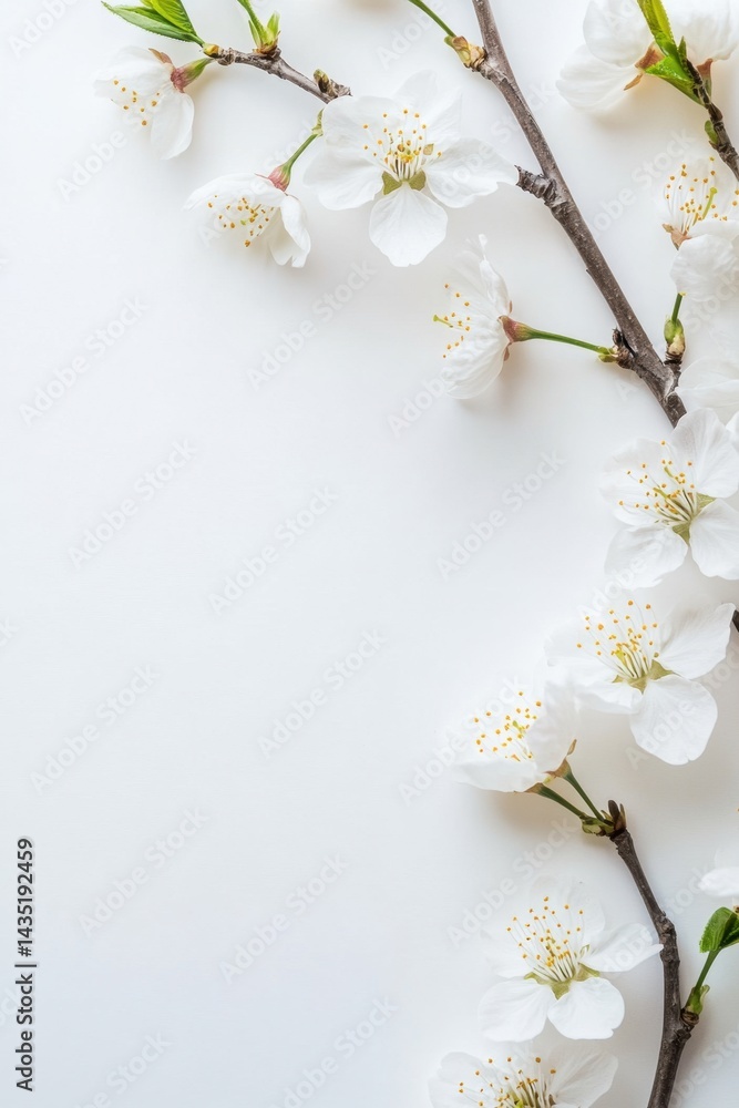 Poster delicate cherry blossom branches on a pristine white background creating a serene floral arrangement