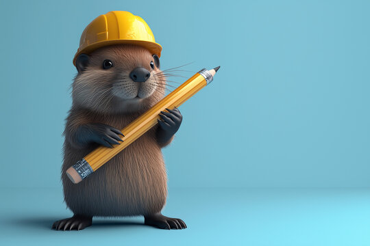 beaver wearing a construction helmet and holding a big pencil, ready for work. This fun and creative design is ideal for content related to construction, DIY projects, building, or teamwork. Perfect f
