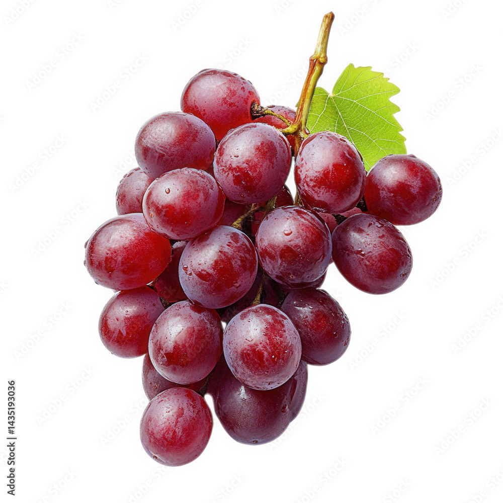 Poster cluster of fresh. plump red grapes with a small green leaf attached. showcasing their glistening sur