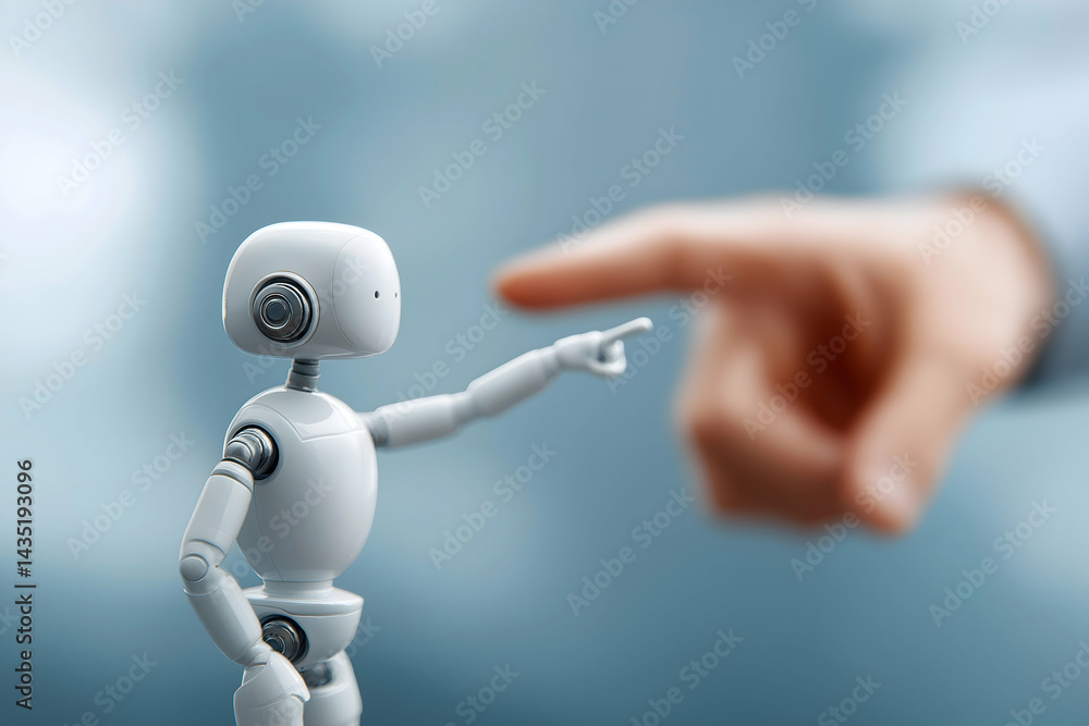 Poster a small robot points while a human hand gestures towards it, symbolizing interaction between technol