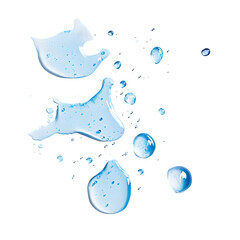 A close up view of spilled light blue liquid with smaller drops on a black isolated background