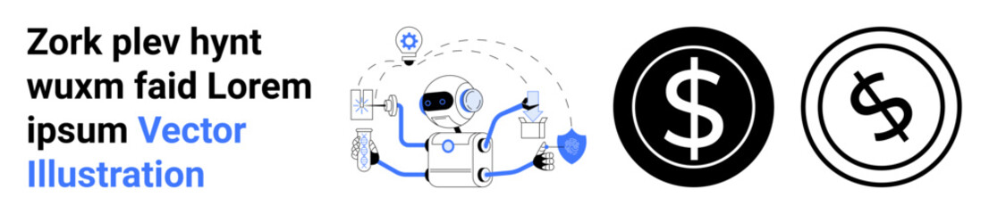 Fototapeta premium AI robot managing multitasking tasks, data charts, protected shield, and network connections. Ideal for technology, AI, automation, data security innovation robotics workflows. Abstract line flat