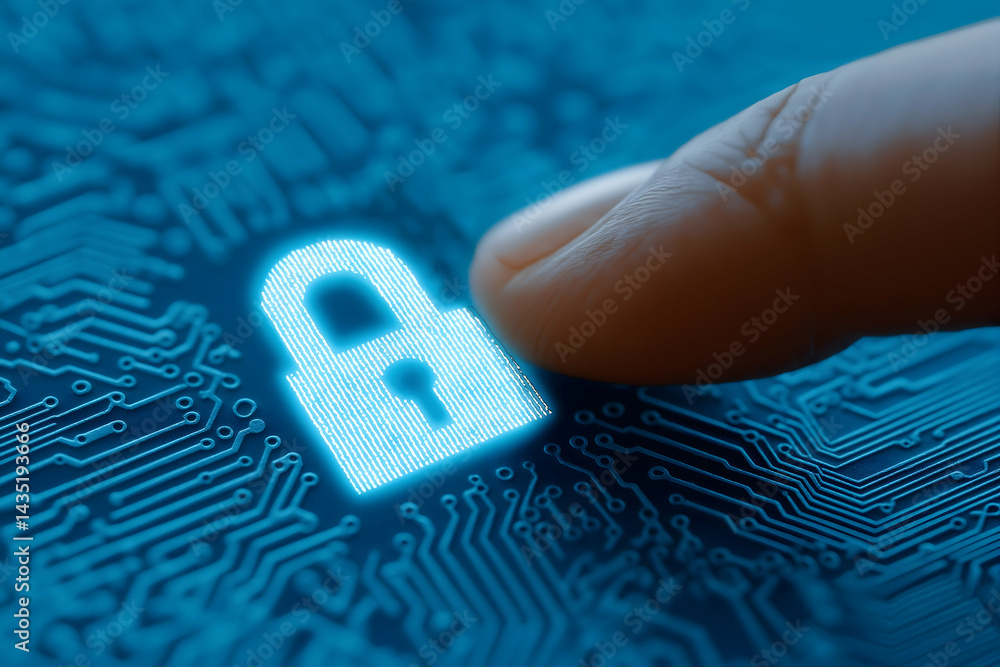 Aufkleber a close-up view of a finger hovering over a digital padlock symbol, set against a circuit board back