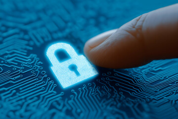 A close-up view of a finger hovering over a digital padlock symbol, set against a circuit board background, emphasizing cybersecurity and digital protection.