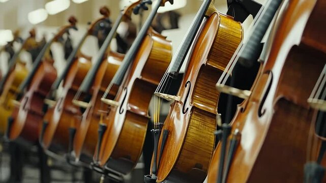 Row of Cellos in Music Store