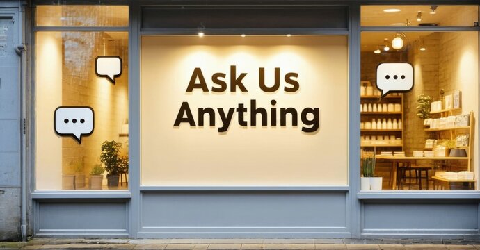 Storefront displays message Ask Us Anything. Speech bubbles flank text. Interior visible through windows, shelves stocked with products. Bright lighting.