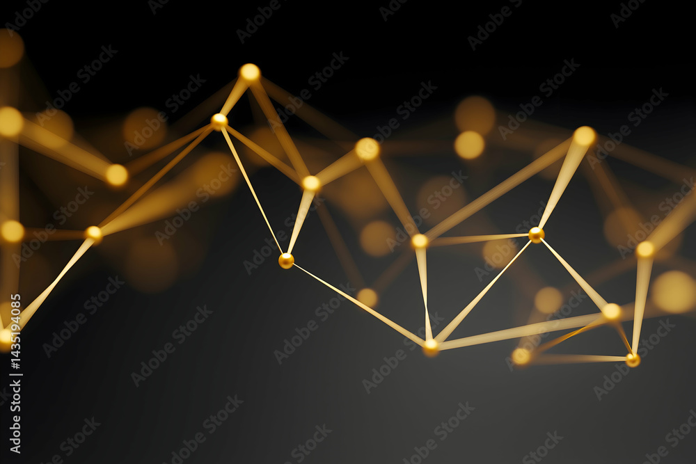 Poster a modern abstract design featuring interconnected golden lines and nodes against a dark background, 