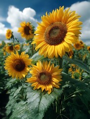 Fototapeta premium Field of yellow flowers under clouds.