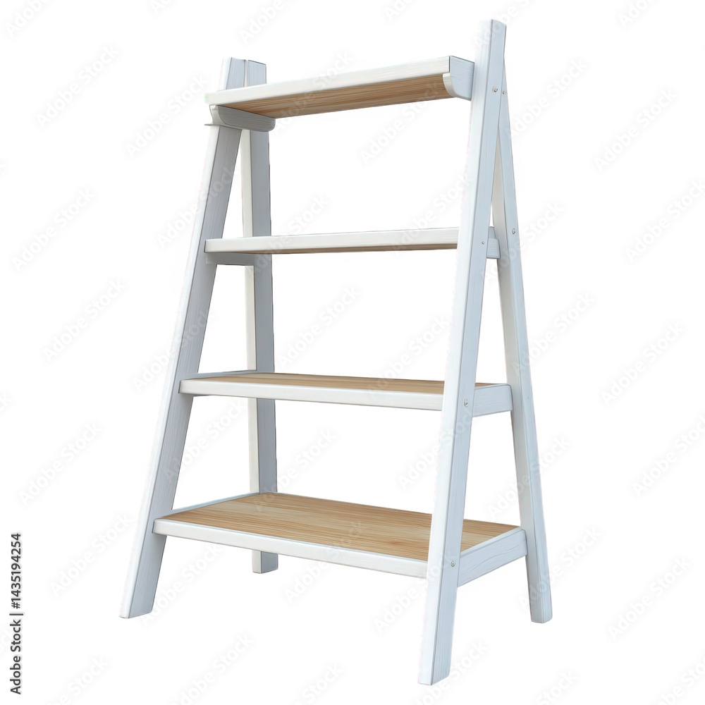 Poster modern. four-tiered ladder shelf with a white frame and wooden shelves. designed for storage and dis