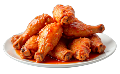 Glistening buffalo chicken wings isolated on transparent background. Perfect for game day, Super Bowl, party menus, fast food ads, restaurant promotions, and food blogs.