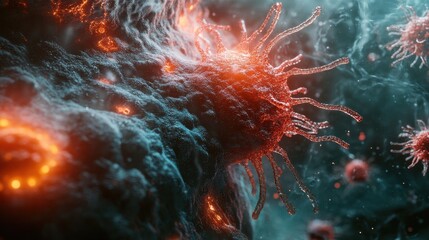 Isolated close-up of a bacterium with detailed flagella and 3D textures, bacteria, cellular microbiology. 