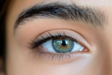 Obraz premium Close-up of a young adult female's green eye with detailed eyelashes and eyebrow