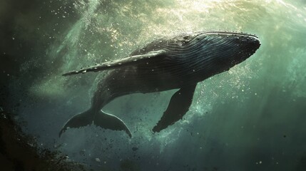 Obraz premium Close-up of a whale leaping from the sea, water droplets frozen in mid-air, natural ocean hues and realistic whale texture