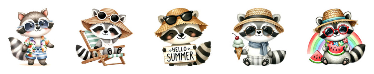 Collection of summer raccoon watercolor illustration design.