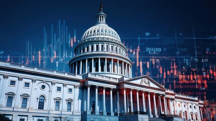 Digital art illustration of the U.S. Capitol building with dynamic stock market charts overlay, vibrant blue and orange color scheme, abstract geometric design, high resolution detailed render, govern