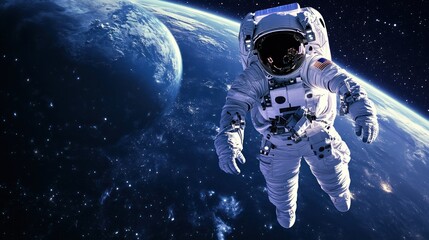 Astronaut in space suit floating near Earth.  Detailed view of Earth and stars in the background