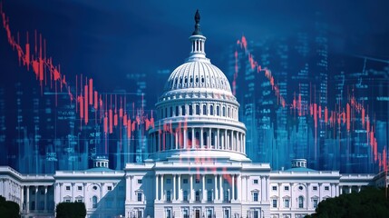 Digital art illustration of the U.S. Capitol building with dynamic stock market charts overlay, vibrant blue and orange color scheme, abstract geometric design, high resolution detailed render, govern